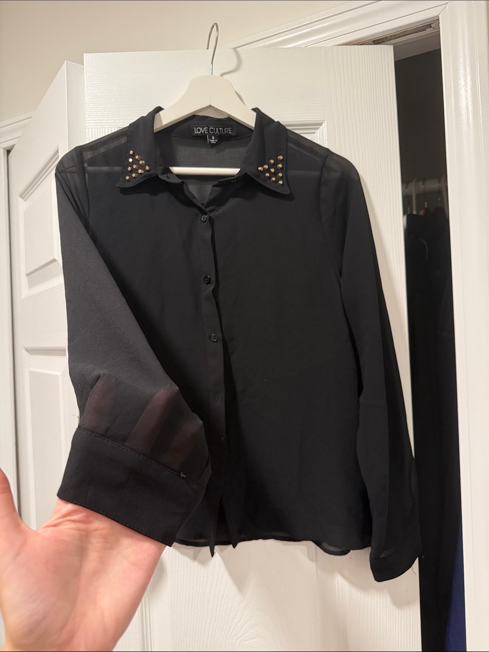 Love Culture Black Sheer Button-Up Shirt with Gold Stud Collar